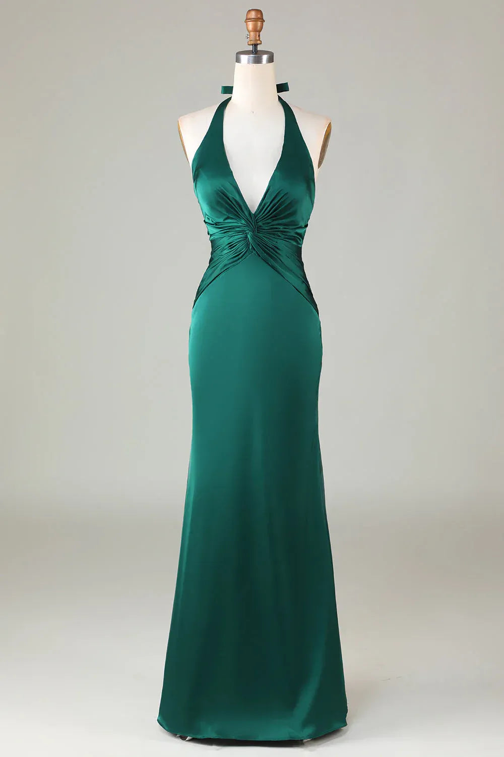 Emerald‑Green Satin Halter‑Neck Twist‑Front Mermaid Bridesmaid Dresses
