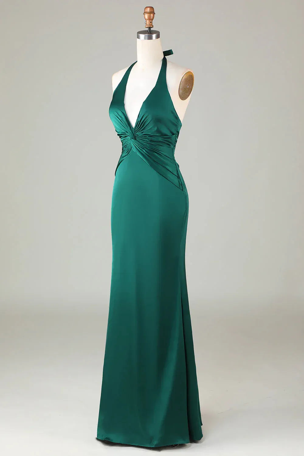 Emerald‑Green Satin Halter‑Neck Twist‑Front Mermaid Bridesmaid Dresses