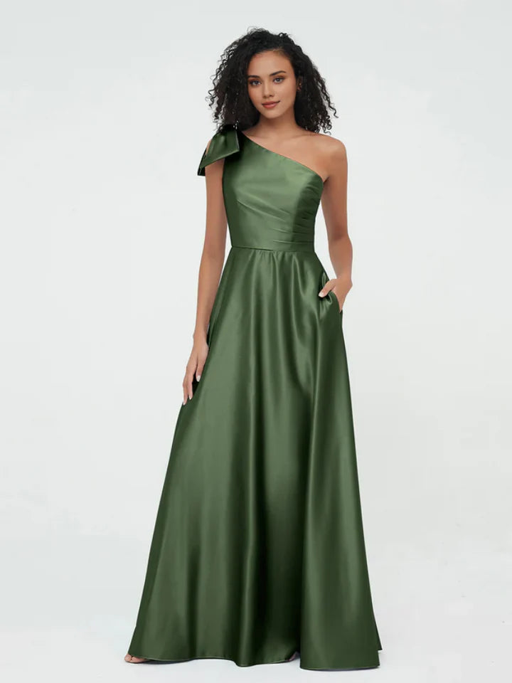 Emerald‑Green Satin One‑Shoulder Bow‑Detail A‑Line Bridesmaid Dresses