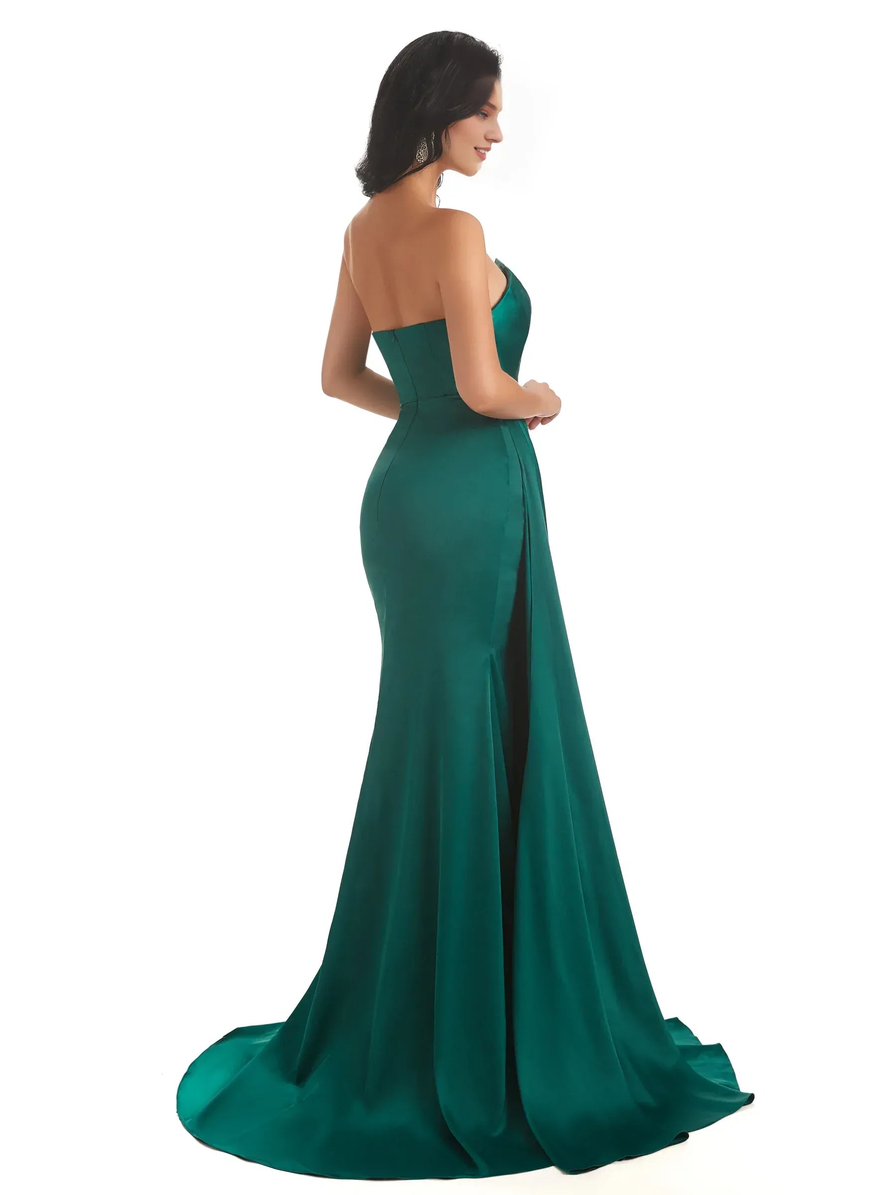 Emerald‑Green Strapless Pleated‑Bodice Draped‑Panel High‑Slit Mermaid Bridesmaid Dresses