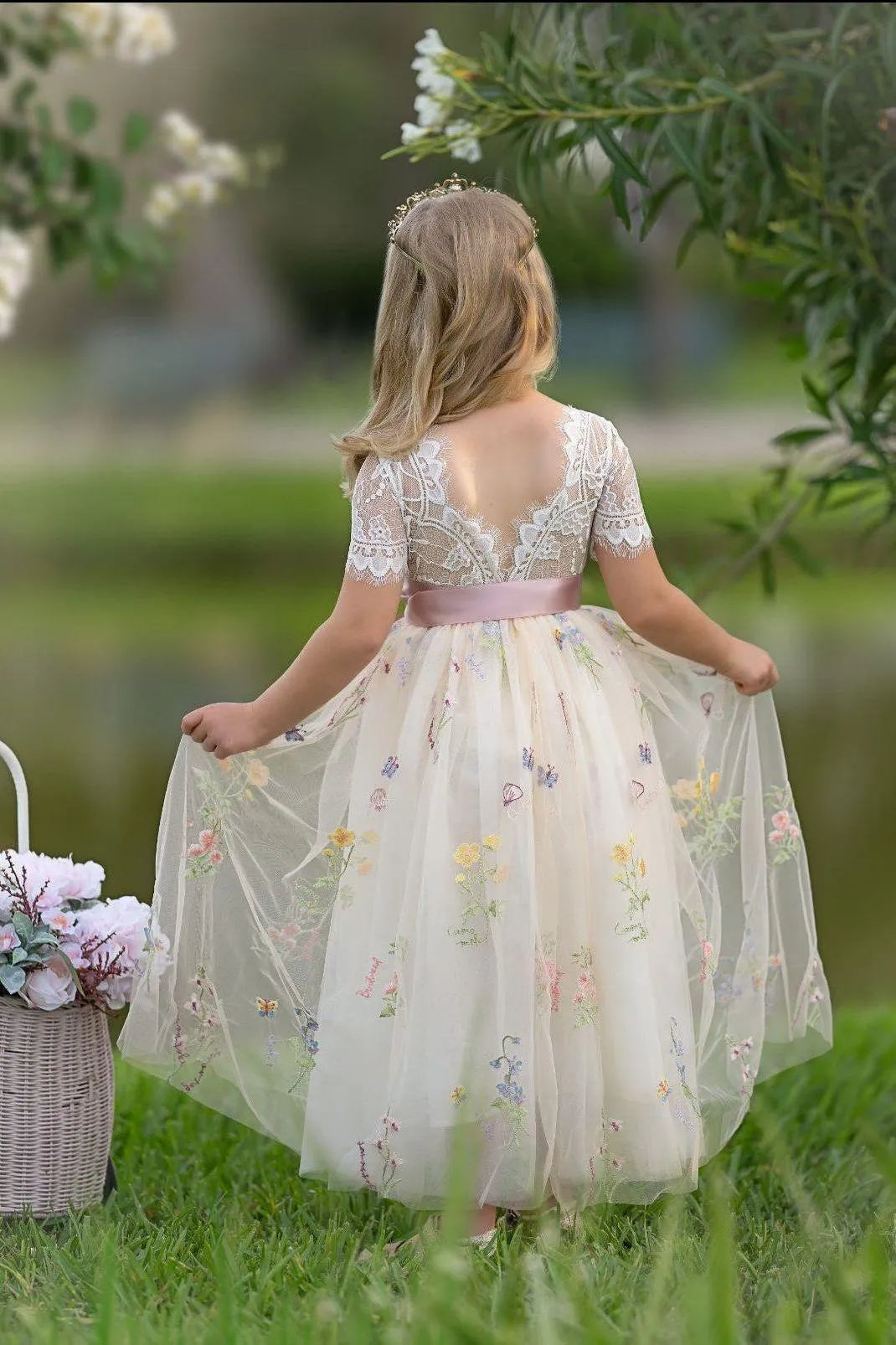 Enchanted A-Line Scoop Neck Short Sleeve V-Back Floor-Length Outdoor Flower Girl Dress