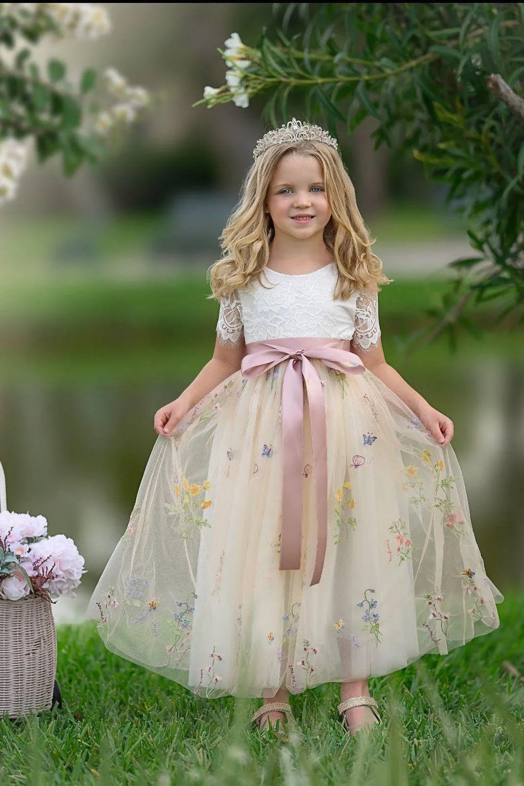 Enchanted A-Line Scoop Neck Short Sleeve V-Back Floor-Length Outdoor Flower Girl Dress