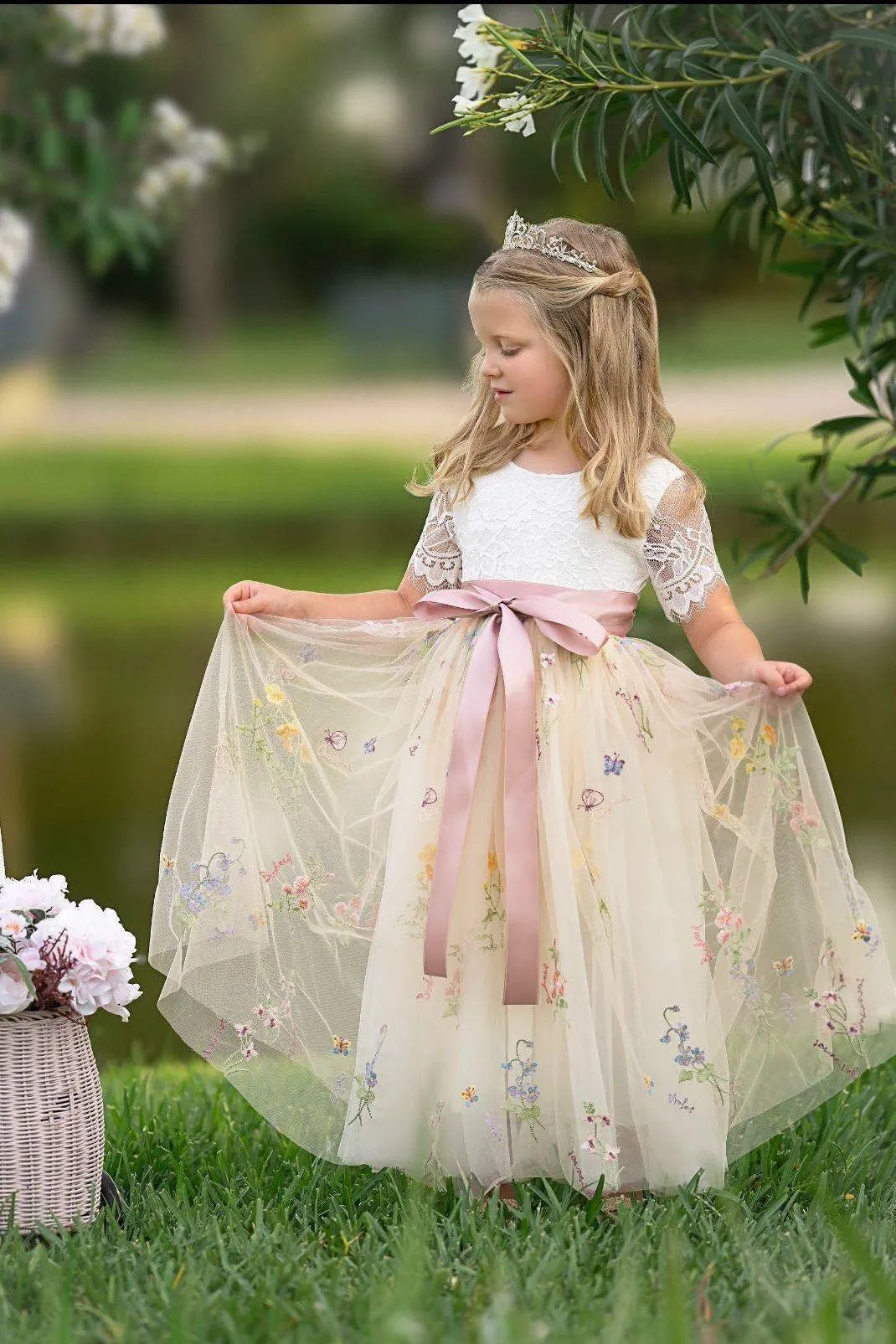 Enchanted A-Line Scoop Neck Short Sleeve V-Back Floor-Length Outdoor Flower Girl Dress