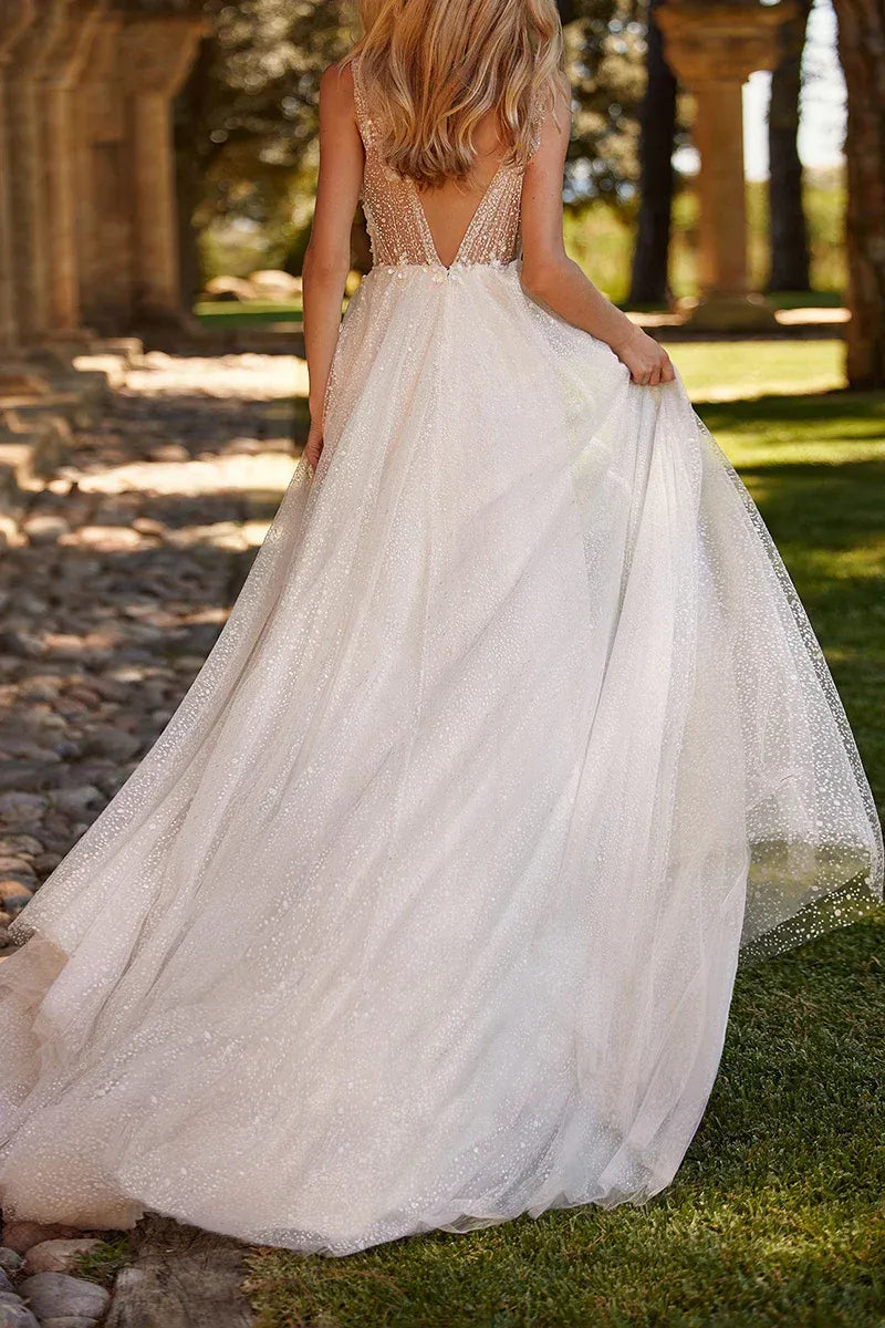 Enchanting Spaghetti-Strap V-Neck Sparkle Tulle A-Line Floor-Length Wedding Dress