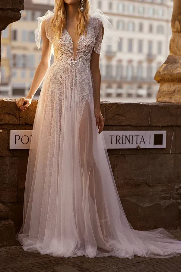 Enchanting V-Neck Tulle A-Line Floor-Length Wedding Dress