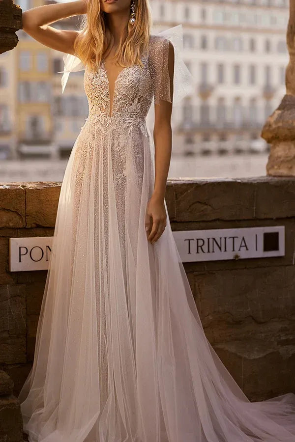 Enchanting V-Neck Tulle A-Line Floor-Length Wedding Dress