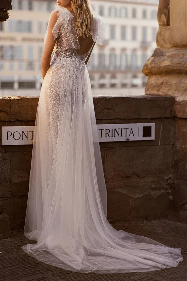 Enchanting V-Neck Tulle A-Line Floor-Length Wedding Dress