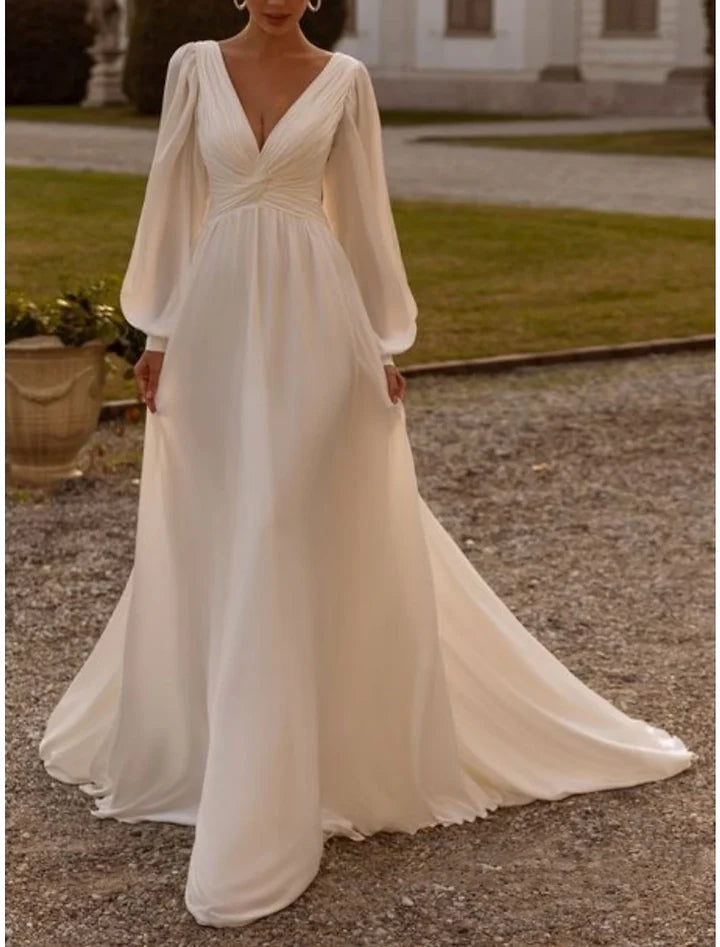 Ethereal A‑Line Deep‑V Puffed‑Long‑Sleeve Bow‑Back Floor‑Length Wedding Dresses For Lakefront Wedding