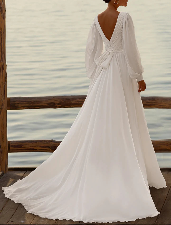 Ethereal A‑Line Deep‑V Puffed‑Long‑Sleeve Bow‑Back Floor‑Length Wedding Dresses For Lakefront Wedding