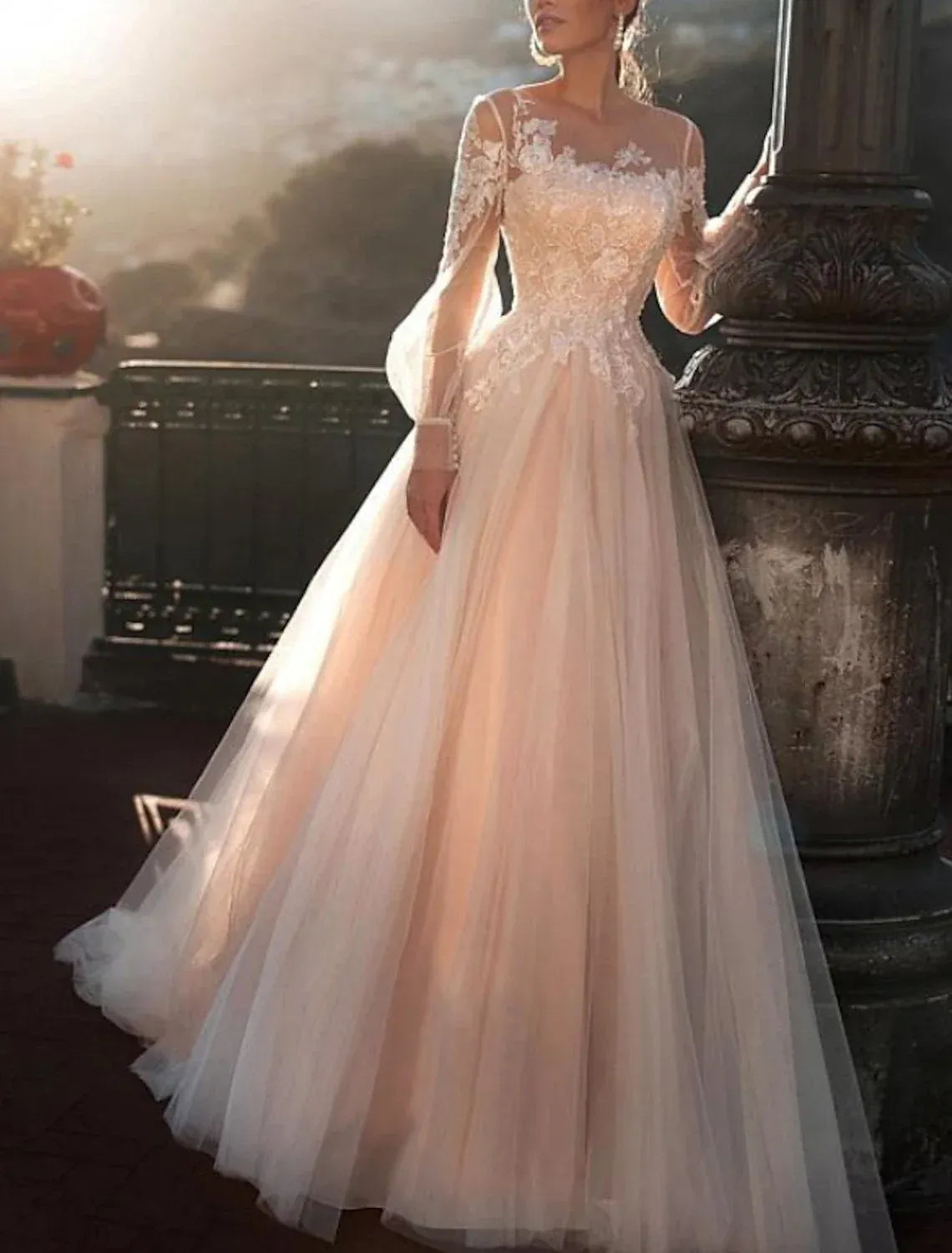 Ethereal Ballgown Illusion Neck Puff Sleeve Button Back Floor Wedding Dress