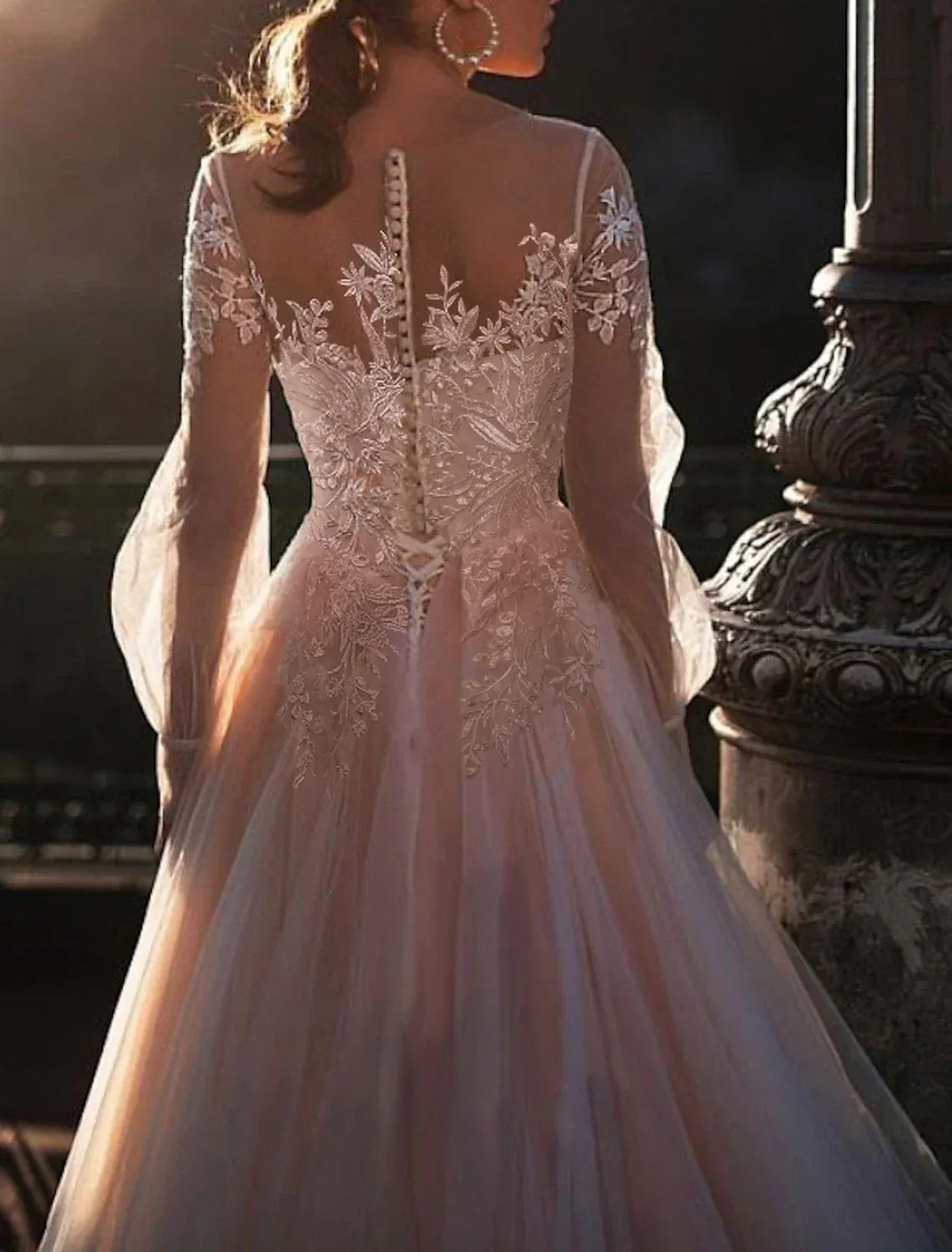 Ethereal Ballgown Illusion Neck Puff Sleeve Button Back Floor Wedding Dress