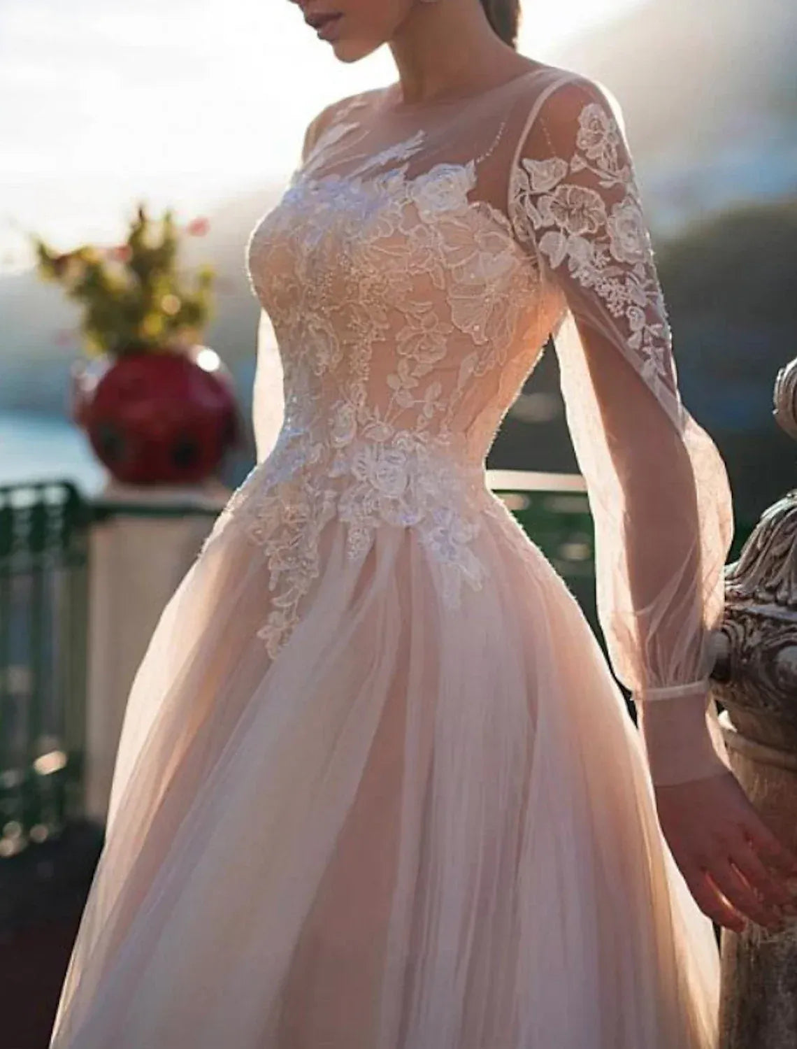 Ethereal Ballgown Illusion Neck Puff Sleeve Button Back Floor Wedding Dress
