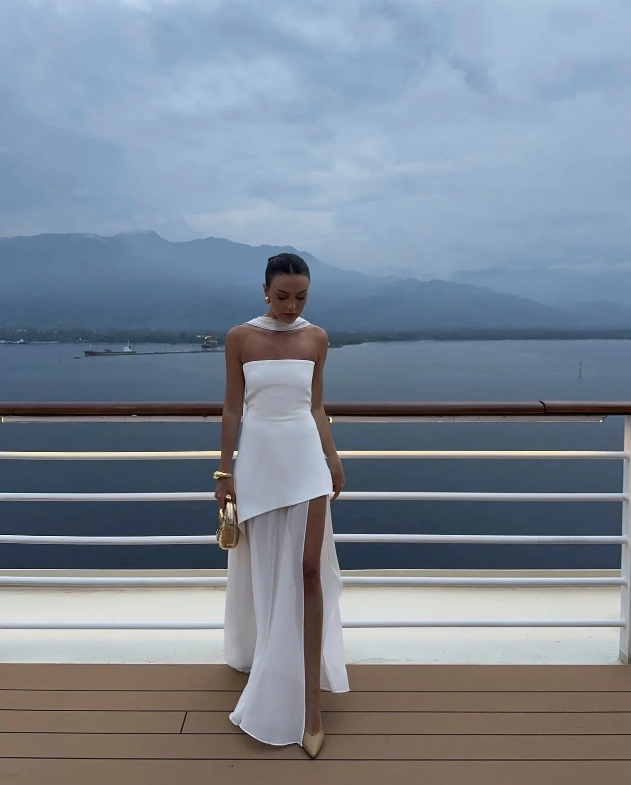 Ethereal Floor-Length Strapless Draped Chiffon High-Slit Wedding Guest Dress