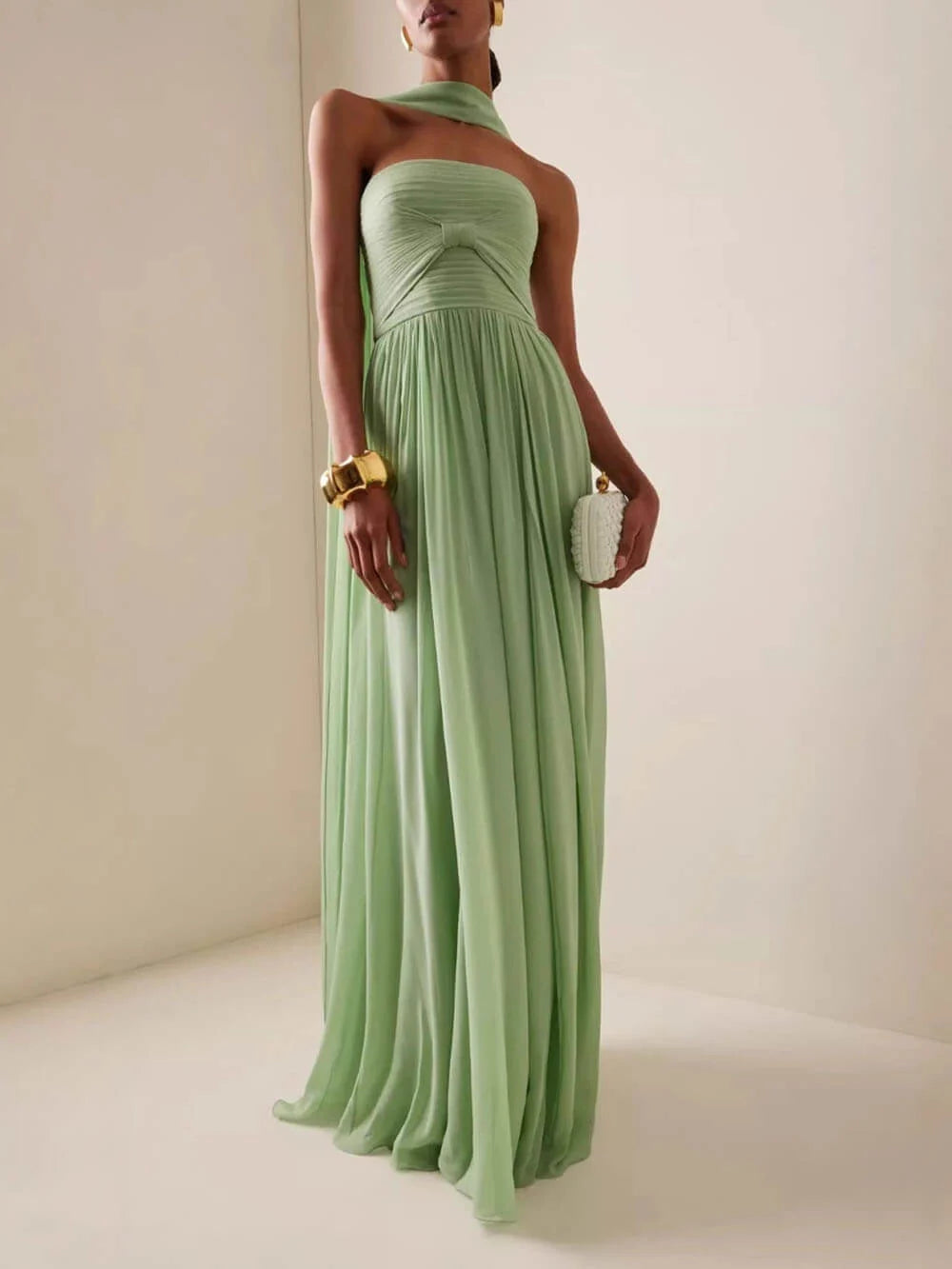 Ethereal Floor-Length Strapless Scarf-Draped Chiffon Wedding Guest Dress