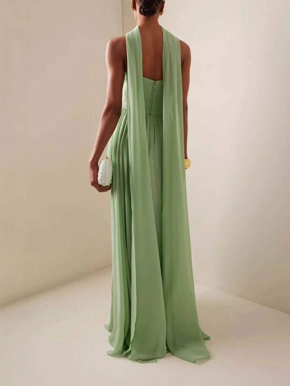Ethereal Floor-Length Strapless Scarf-Draped Chiffon Wedding Guest Dress