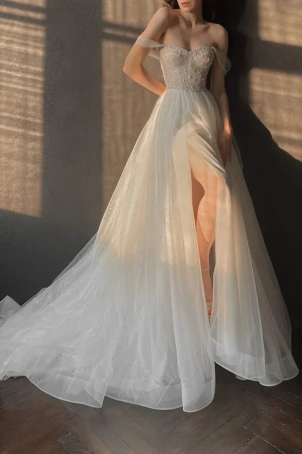 Ethereal Off-the-Shoulder Sweetheart A-Line Floor-Length Wedding Dress