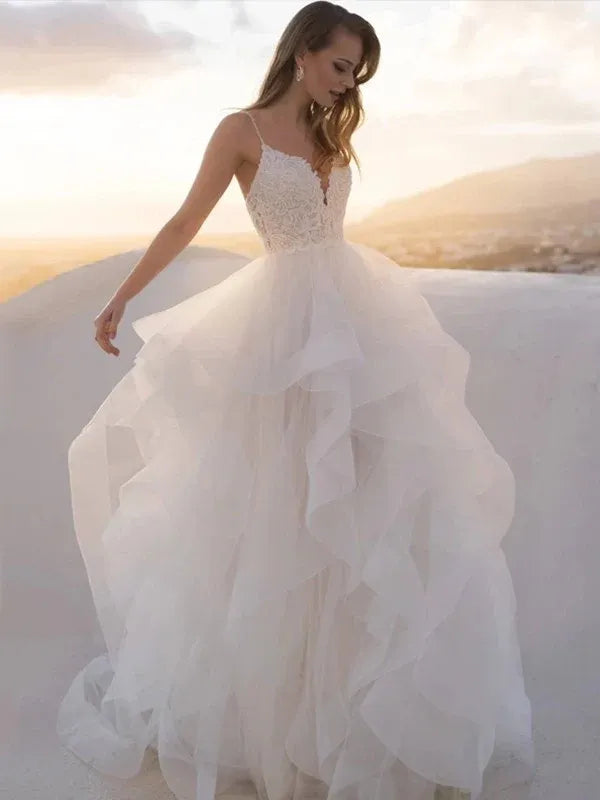 Ethereal Thin Spaghetti Strap Scalloped Lace Bodice Multi-Layer Ruffle Tulle A-Line Wedding Dress With Crisscross Back Soft Chapel Train