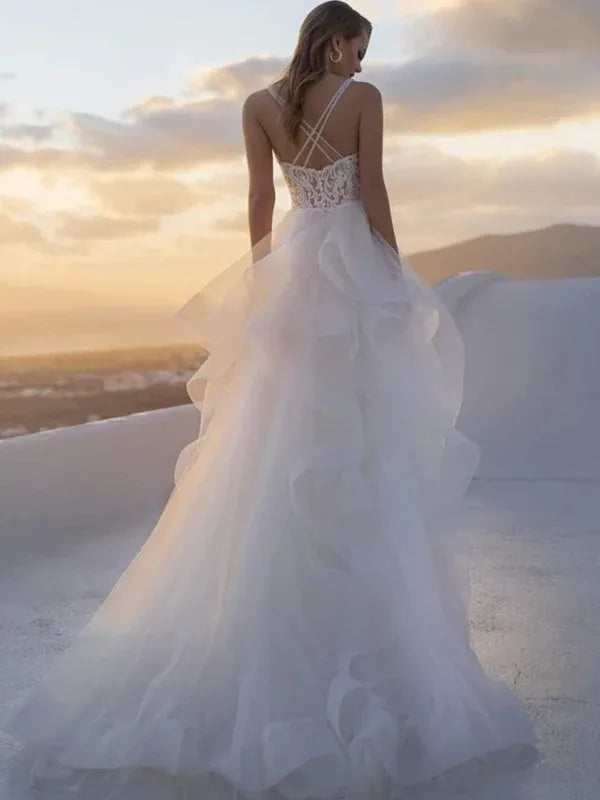 Ethereal Thin Spaghetti Strap Scalloped Lace Bodice Multi-Layer Ruffle Tulle A-Line Wedding Dress With Crisscross Back Soft Chapel Train