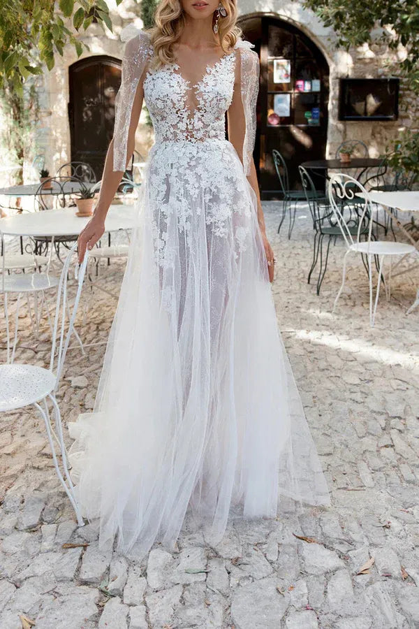 Ethereal V-Neck Illusion-Sleeve Lace Tulle A-Line Floor-Length Wedding Dress