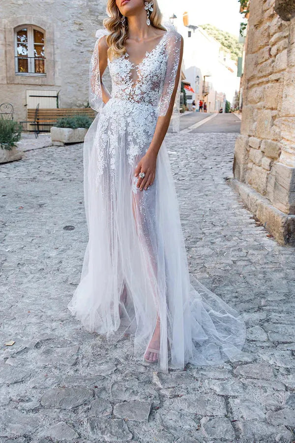 Ethereal V-Neck Illusion-Sleeve Lace Tulle A-Line Floor-Length Wedding Dress