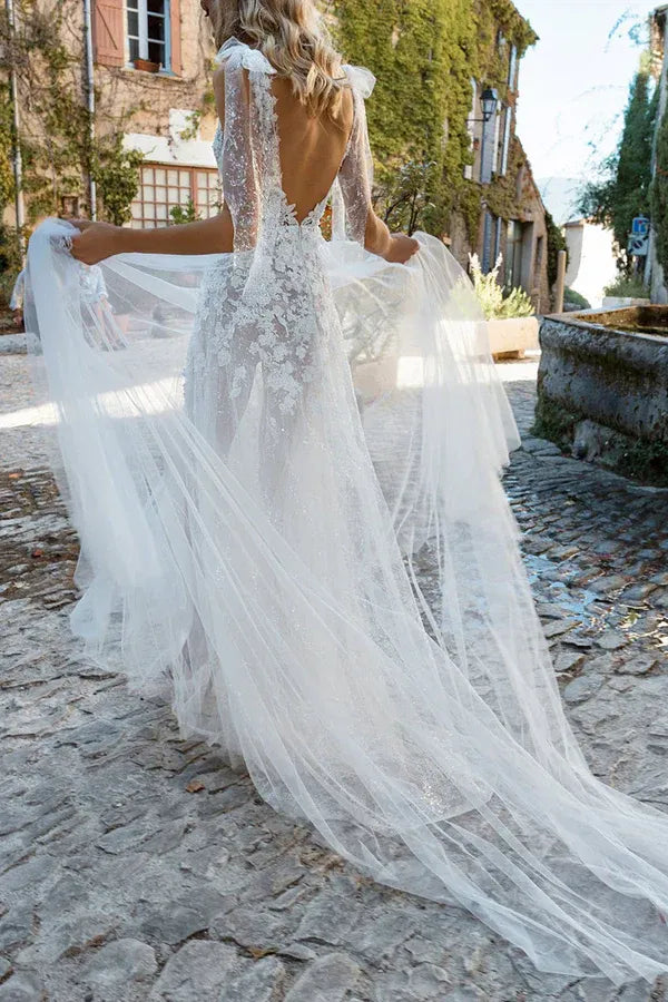 Ethereal V-Neck Illusion-Sleeve Lace Tulle A-Line Floor-Length Wedding Dress