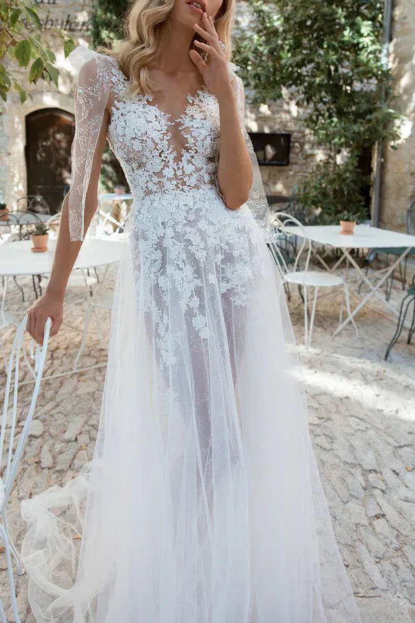 Ethereal V-Neck Illusion-Sleeve Lace Tulle A-Line Floor-Length Wedding Dress