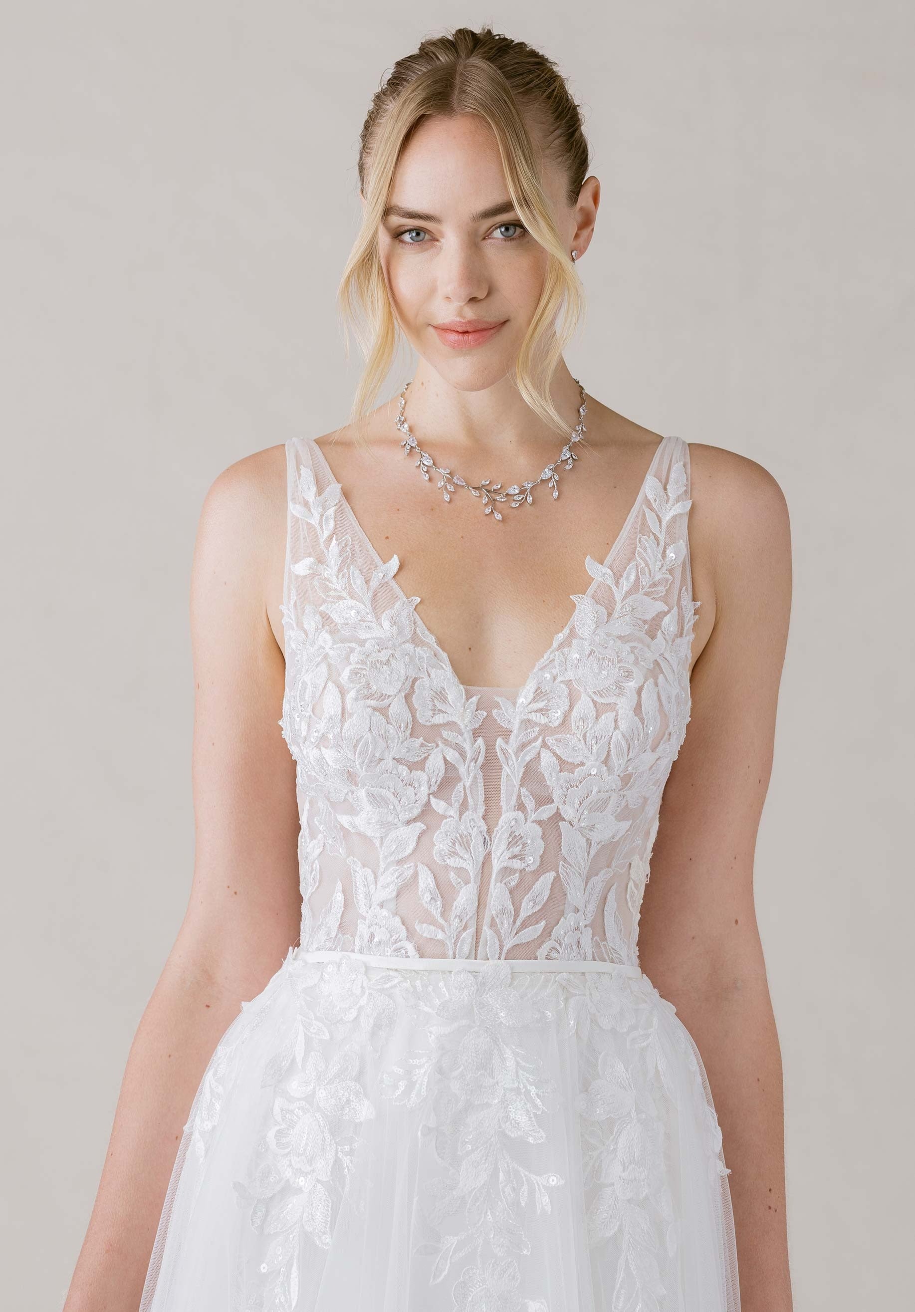 Ethereal Ivory Lace V-Neck Low-Back Tulle A-Line Wedding Dress