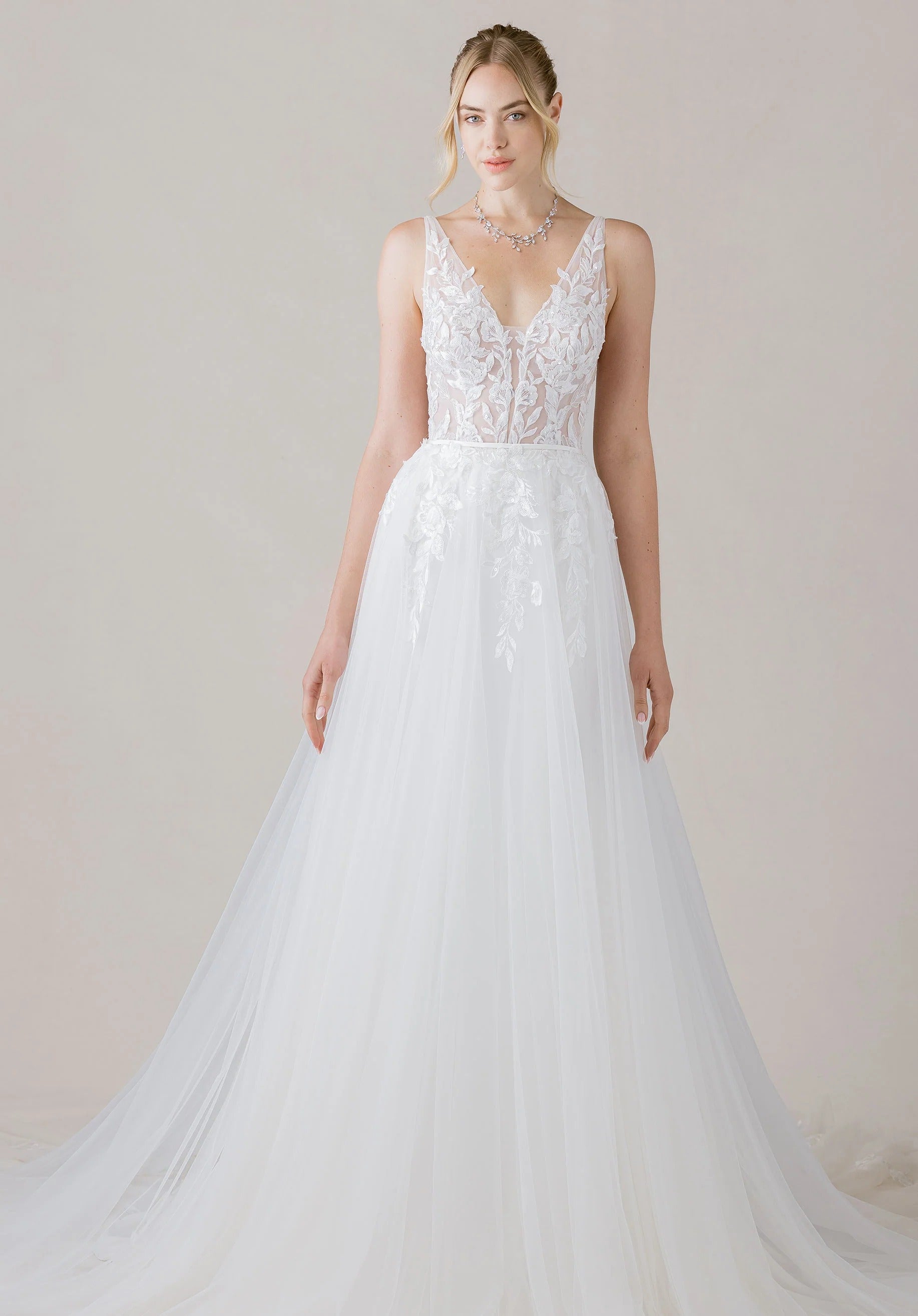 Ethereal Ivory Lace V-Neck Low-Back Tulle A-Line Wedding Dress