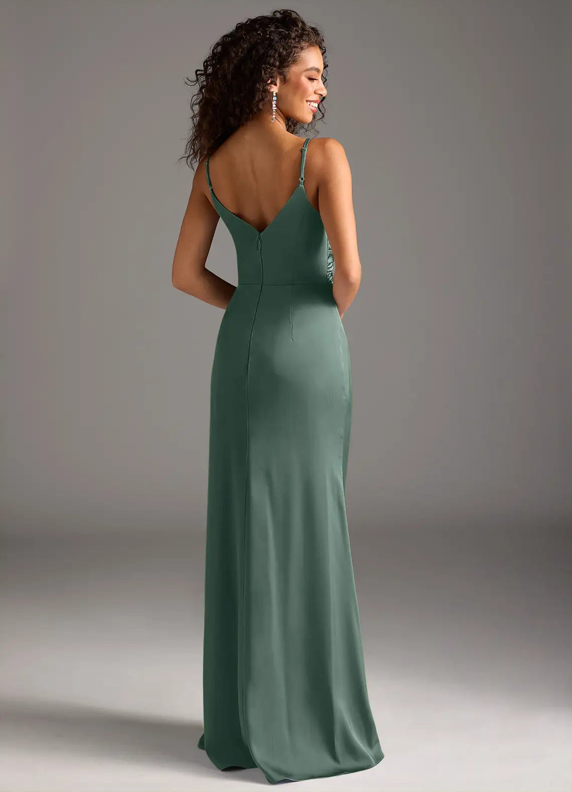 Eucalyptus Thin Spaghetti Strap Pleated Bust Ruched High Slit Maxi Satin Bridesmaid Dress