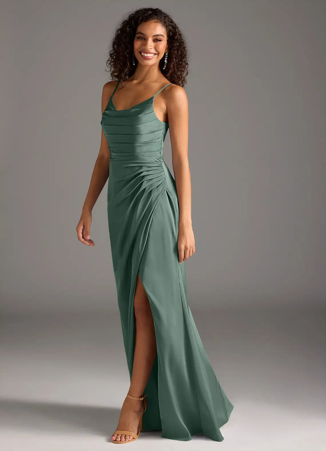 Eucalyptus Thin Spaghetti Strap Pleated Bust Ruched High Slit Maxi Satin Bridesmaid Dress
