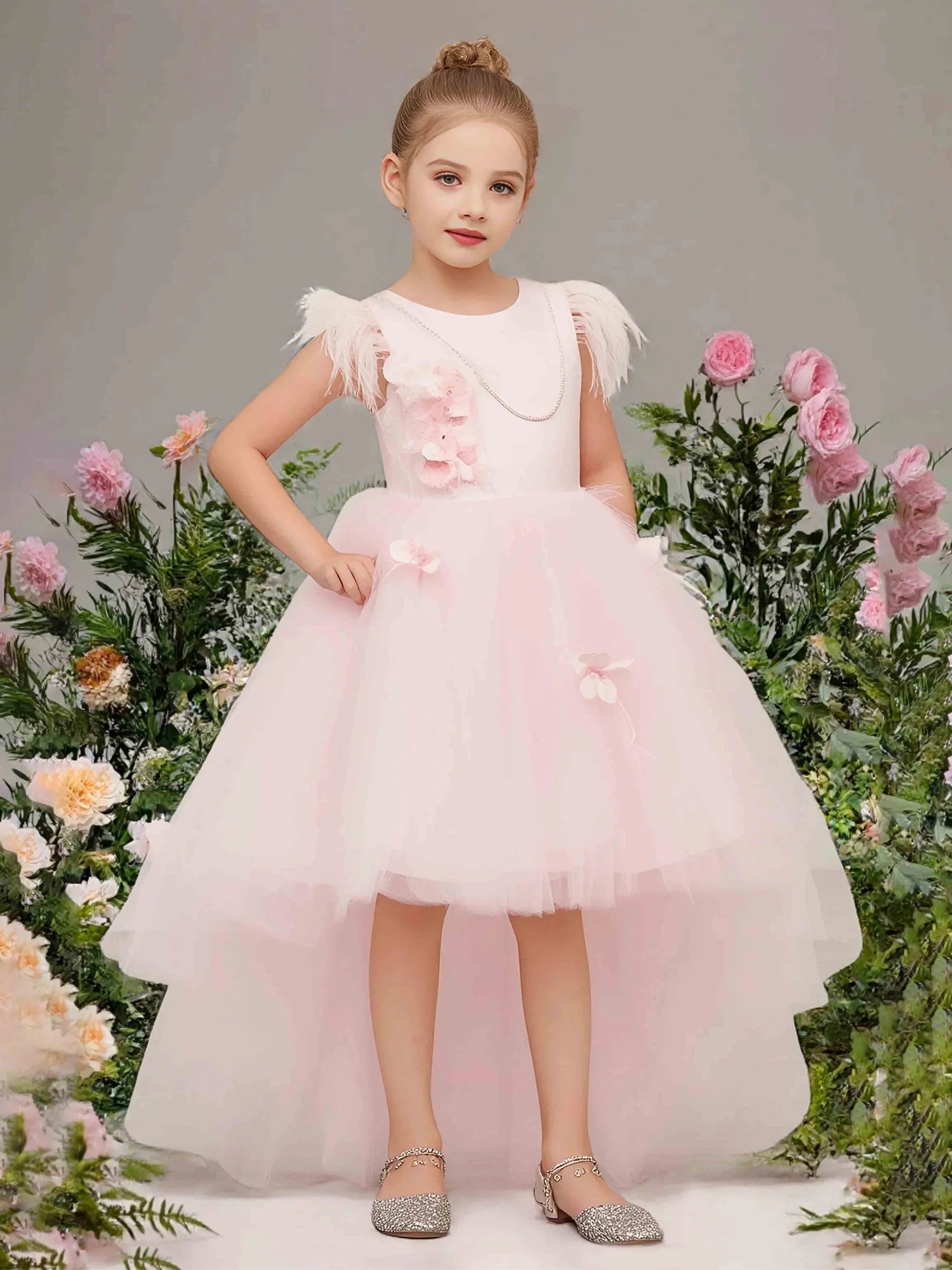 Feather Cap Sleeve Round Deep U Back 3D Floral High Low Pink Tulle Flower Girl Dresses
