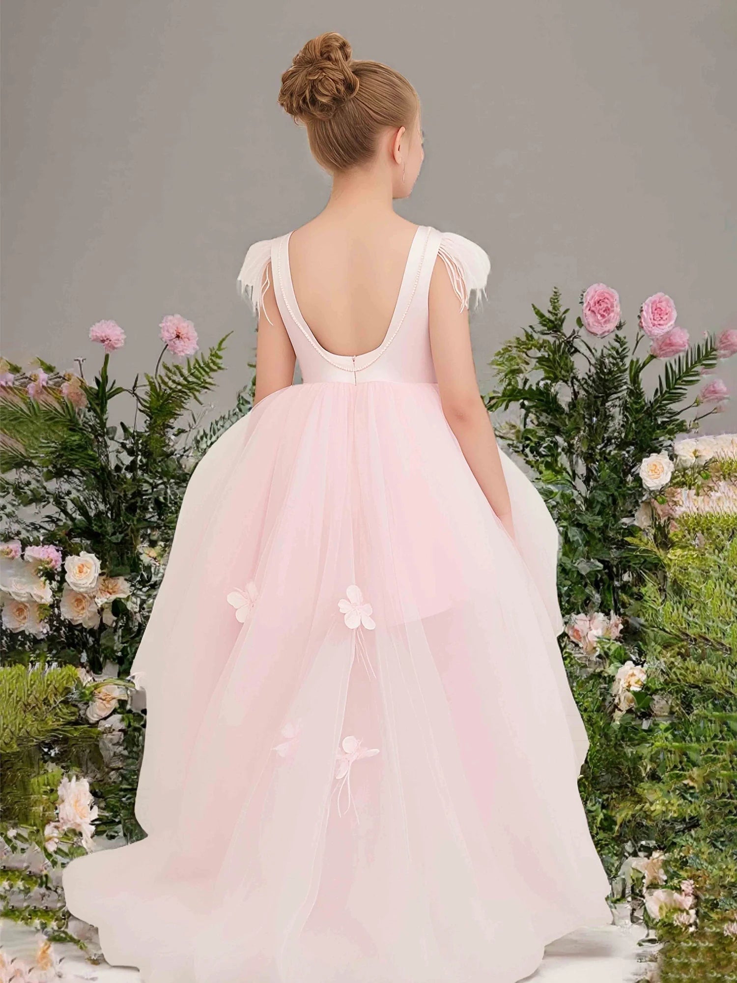 Feather Cap Sleeve Round Deep U Back 3D Floral High Low Pink Tulle Flower Girl Dresses