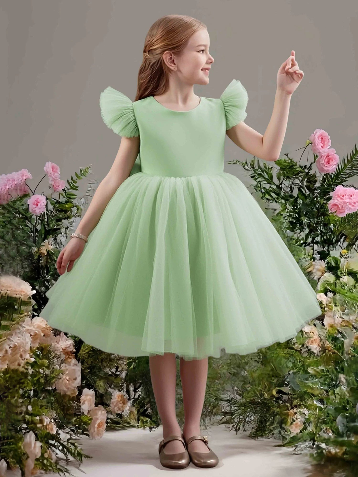 Feather Cap Sleeve Round Heart Cutout Back Big Satin Bow Mint Green Tulle Short Flower Girl Dresses