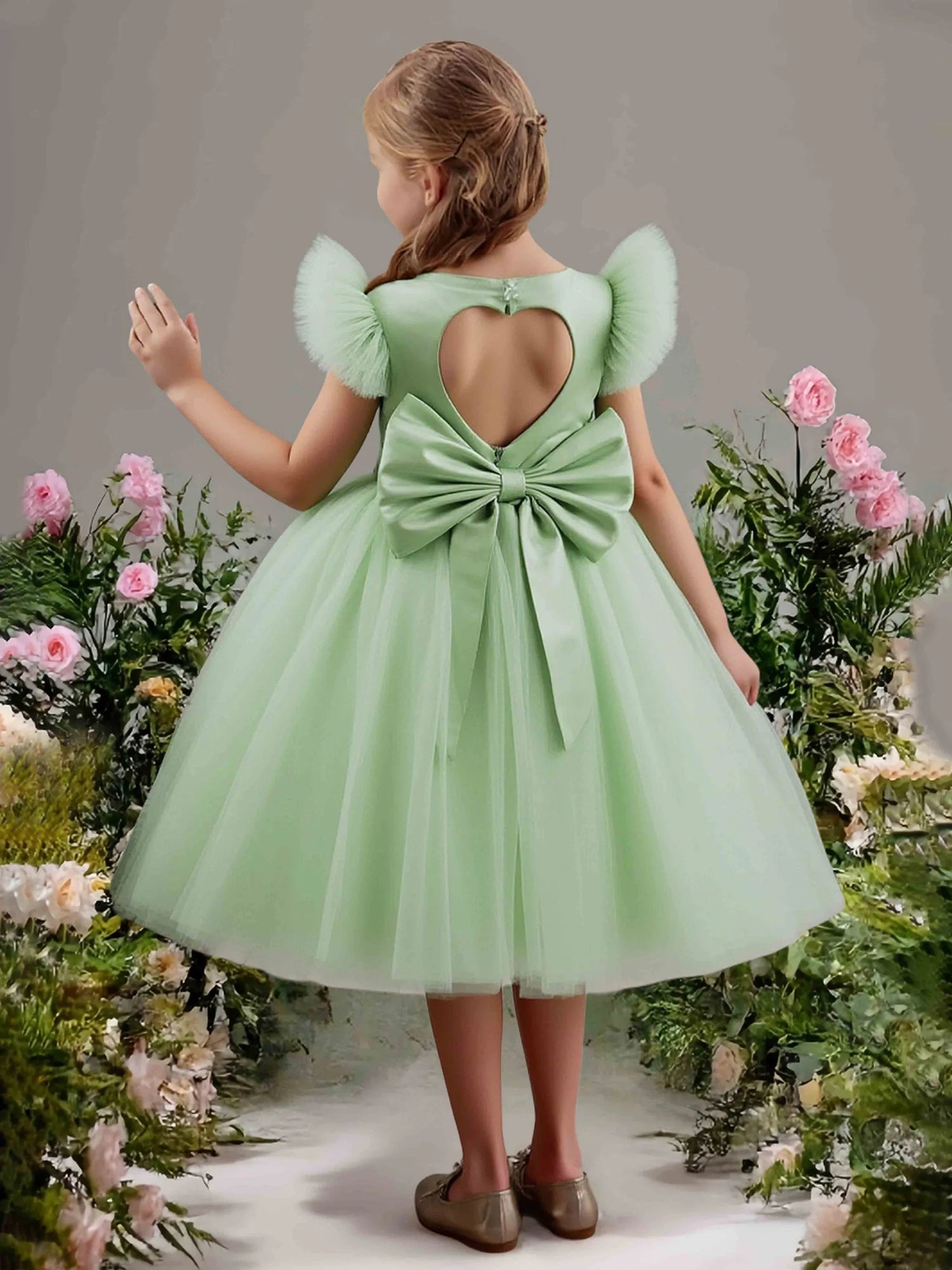 Feather Cap Sleeve Round Heart Cutout Back Big Satin Bow Mint Green Tulle Short Flower Girl Dresses