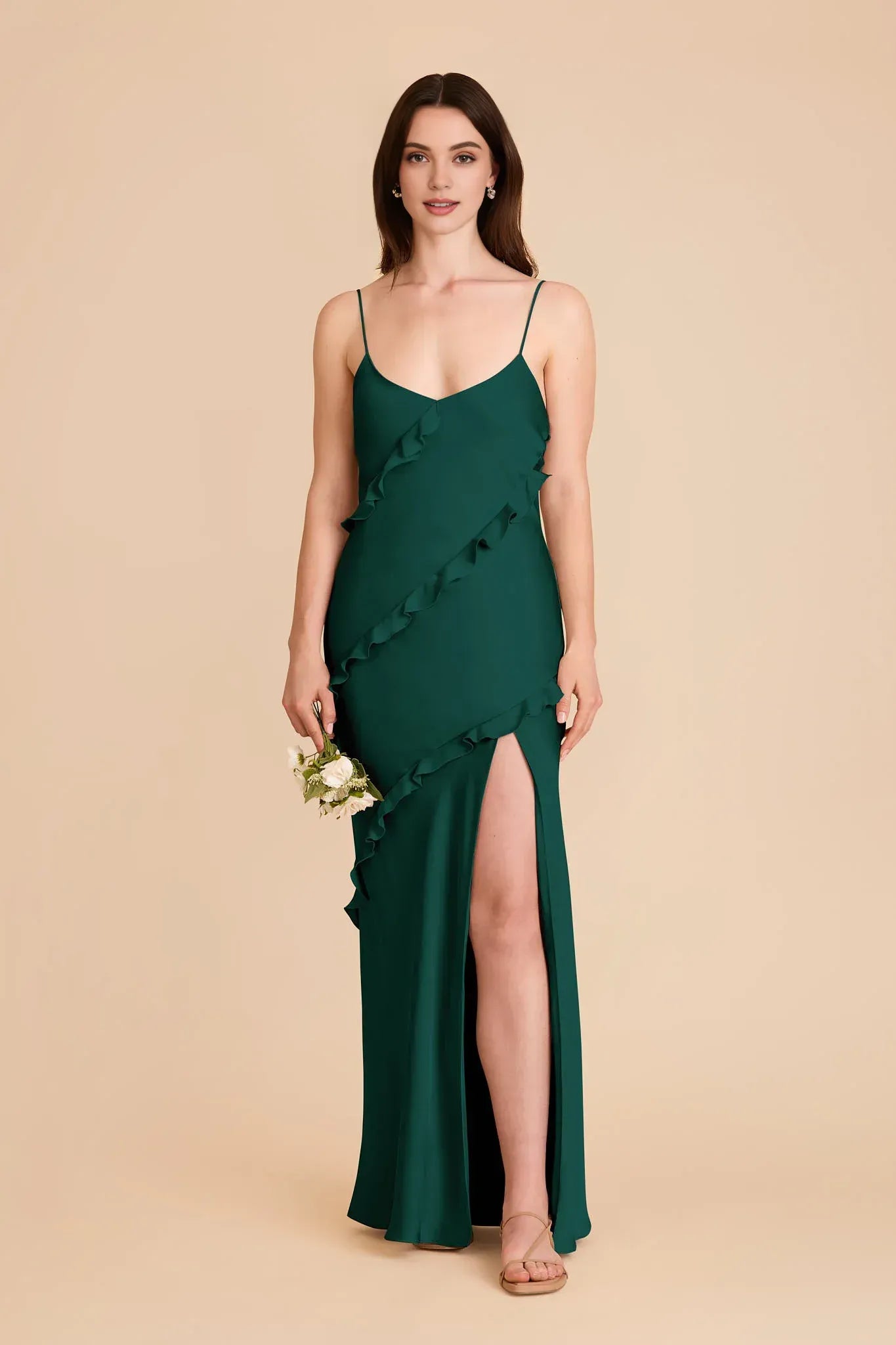 Feminine Mermaid V Neck Spaghetti Strap Ruffle Back Floor Length Wedding Bridesmaid Dress