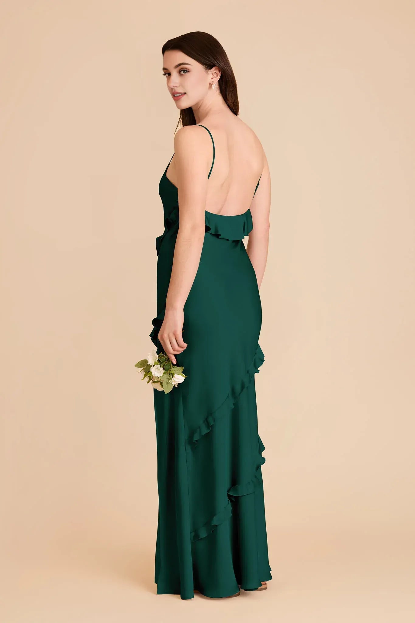Feminine Mermaid V Neck Spaghetti Strap Ruffle Back Floor Length Wedding Bridesmaid Dress