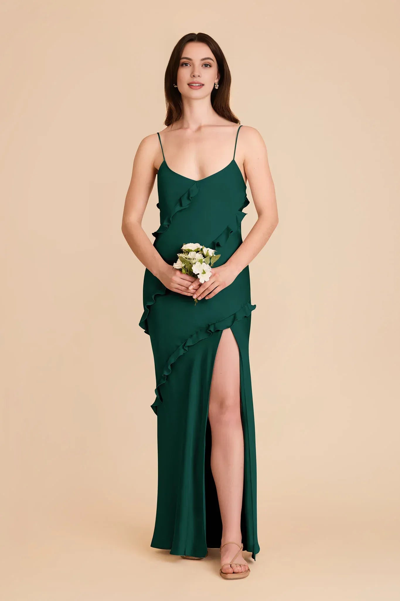 Feminine Mermaid V Neck Spaghetti Strap Ruffle Back Floor Length Wedding Bridesmaid Dress