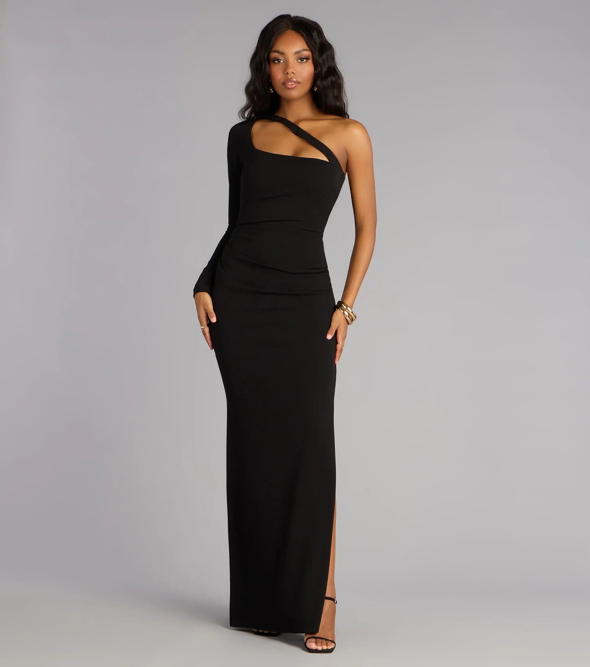 Fitted Column Asymmetric One-Shoulder Long-Sleeve Zip-Back Slit Maxi Wedding Guest Dress