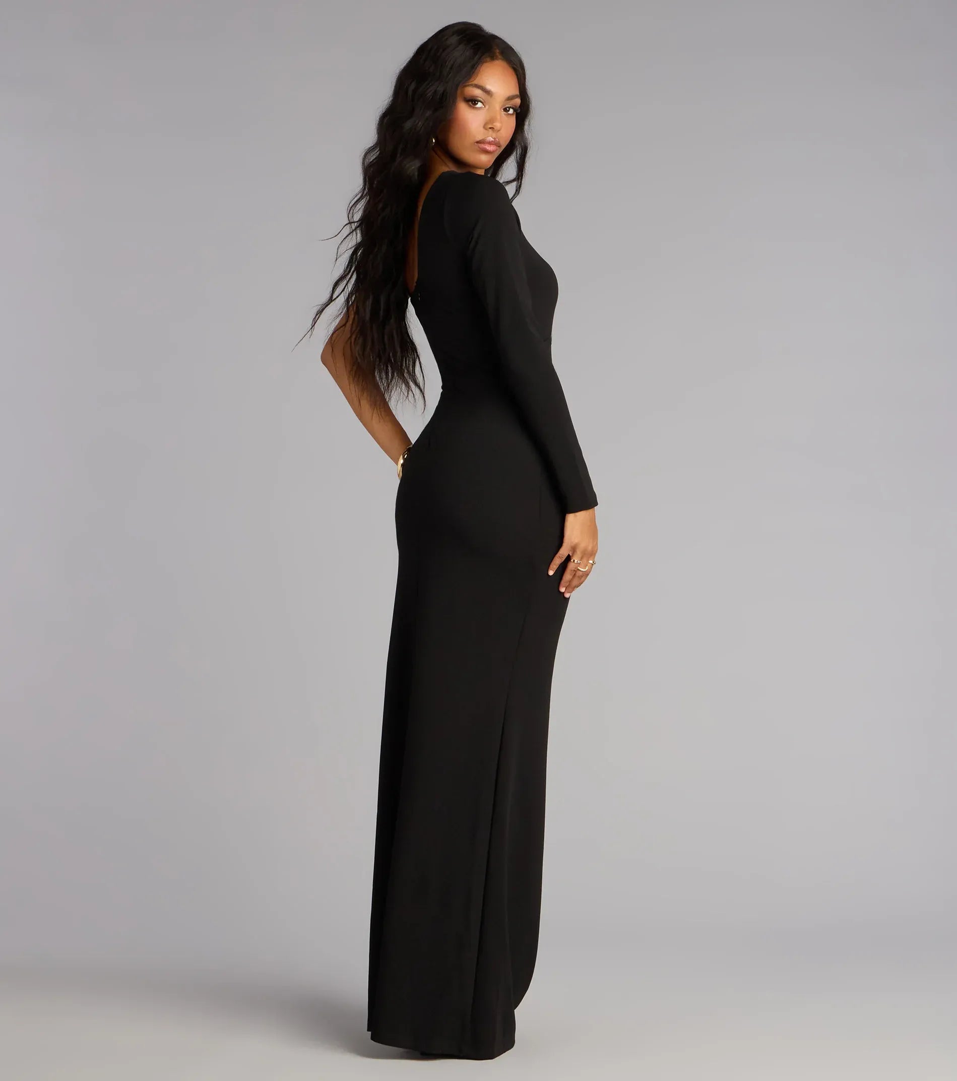 Fitted Column Asymmetric One-Shoulder Long-Sleeve Zip-Back Slit Maxi Wedding Guest Dress