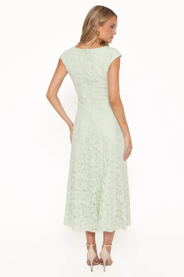 Fitted Midi Scoop-Neck Cap-Sleeve Lace Wedding Guest Dress