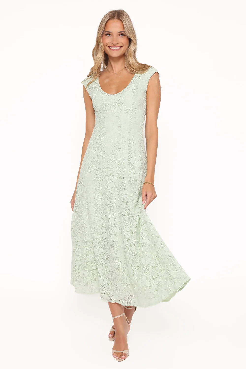 Fitted Midi Scoop-Neck Cap-Sleeve Lace Wedding Guest Dress
