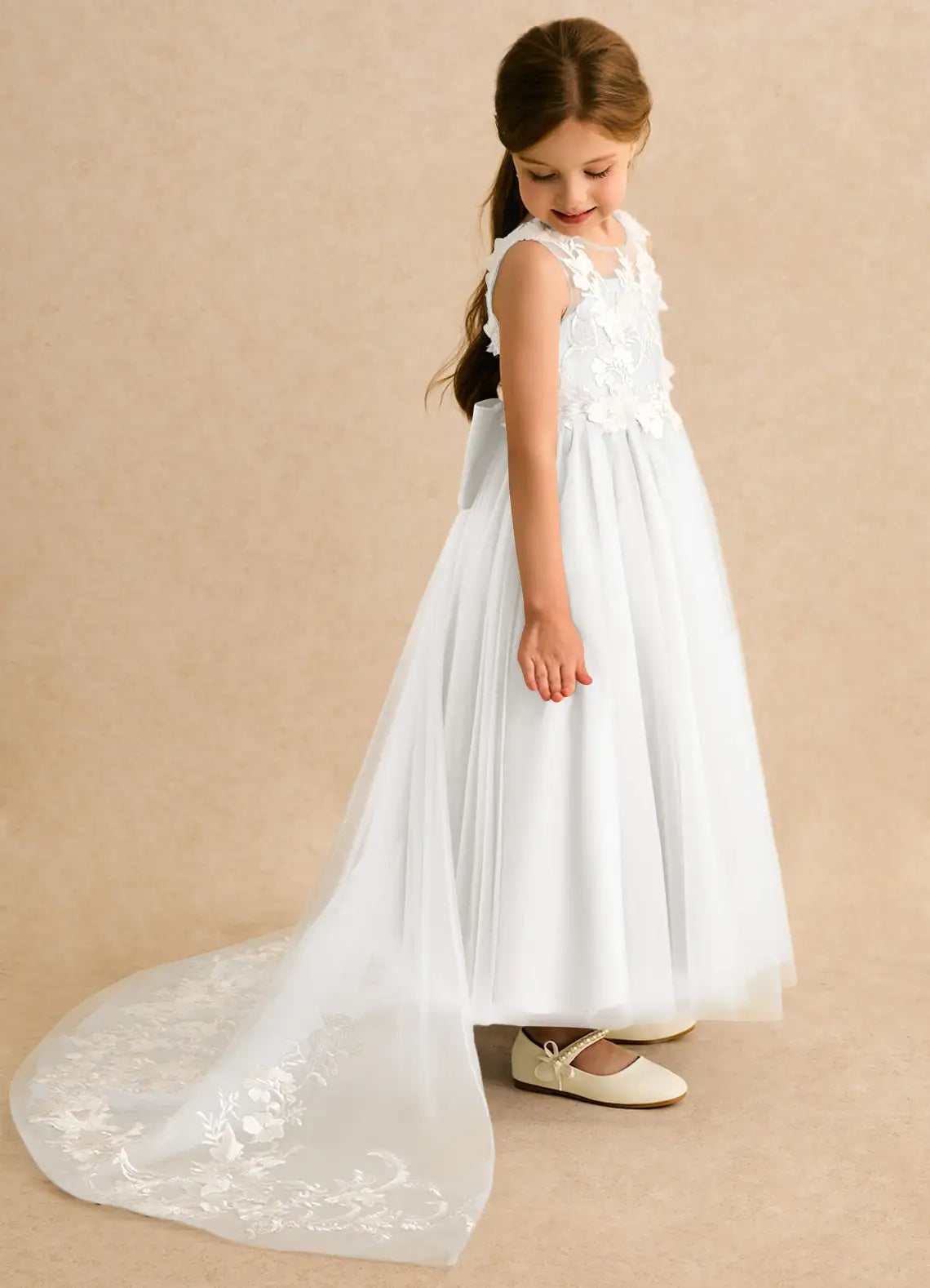 Floral A-Line Illusion Neck Sleeveless V-Back Train Formal Flower Girl Dress