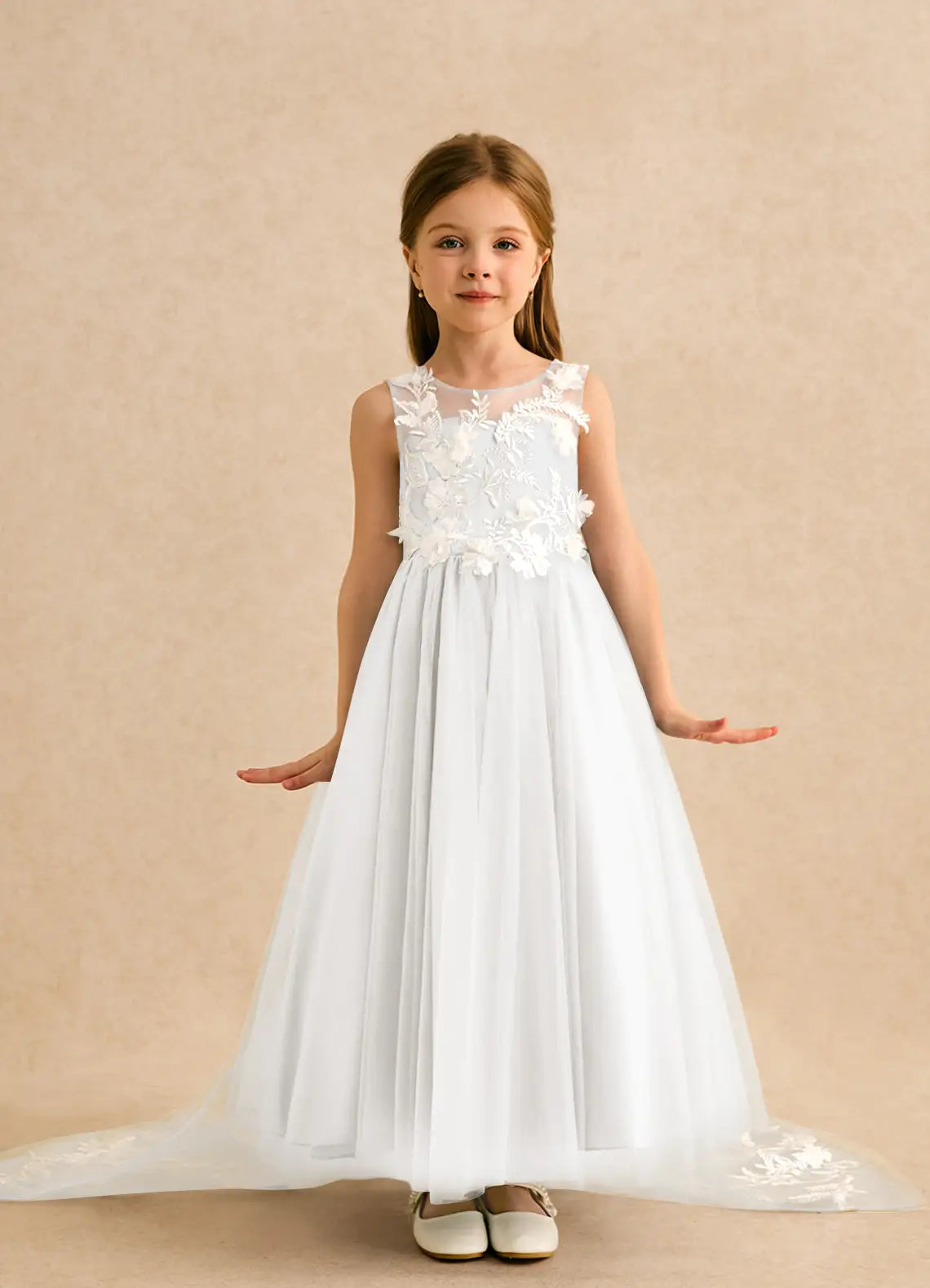 Floral A-Line Illusion Neck Sleeveless V-Back Train Formal Flower Girl Dress