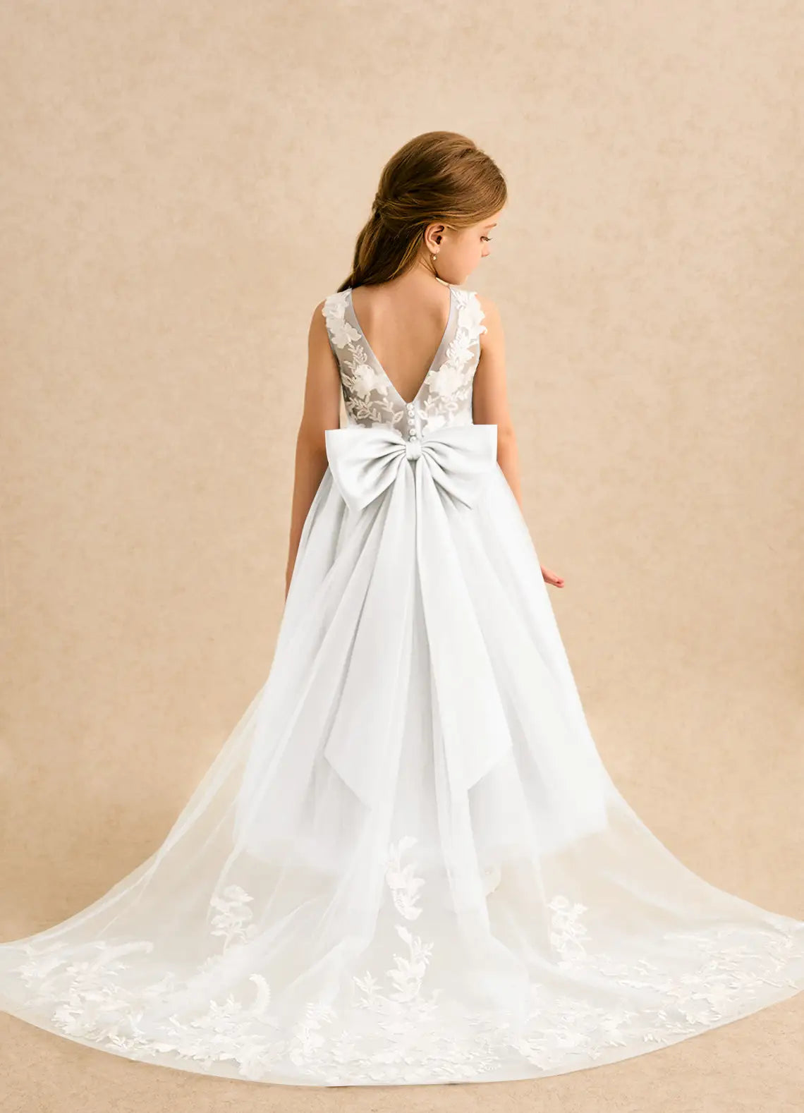 Floral A-Line Illusion Neck Sleeveless V-Back Train Formal Flower Girl Dress