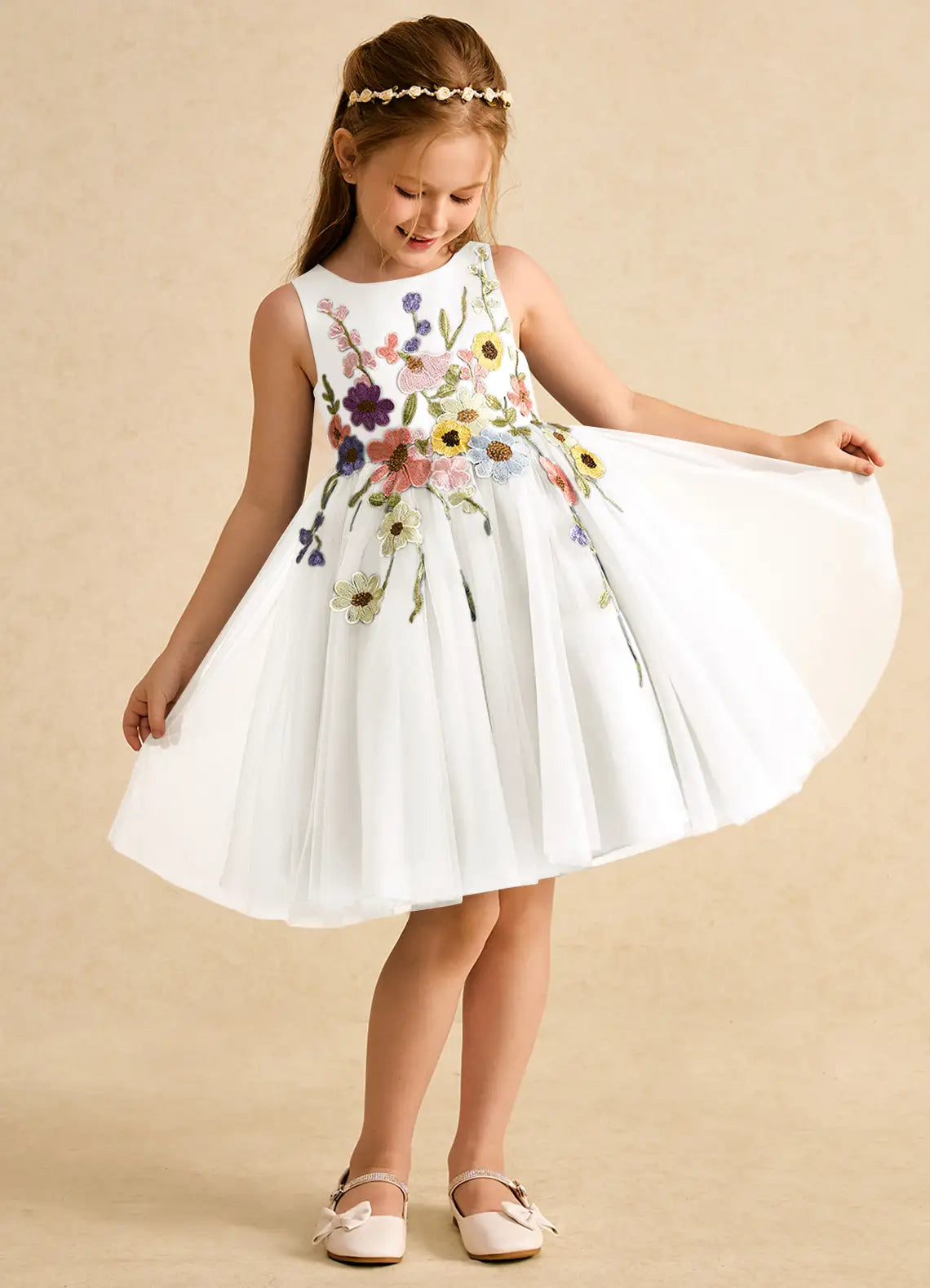 Floral A-Line Round Neck Sleeveless Knee-Length Formal Flower Girl Dress