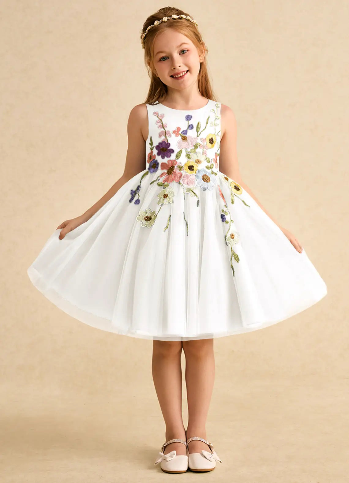 Floral A-Line Round Neck Sleeveless Knee-Length Formal Flower Girl Dress