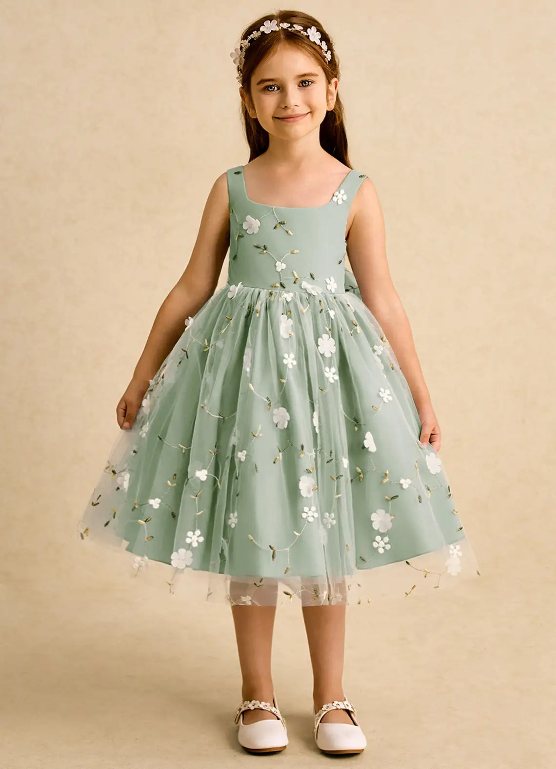 Floral A-Line Square Neck Sleeveless V-Back Knee-Length Formal Flower Girl Dress