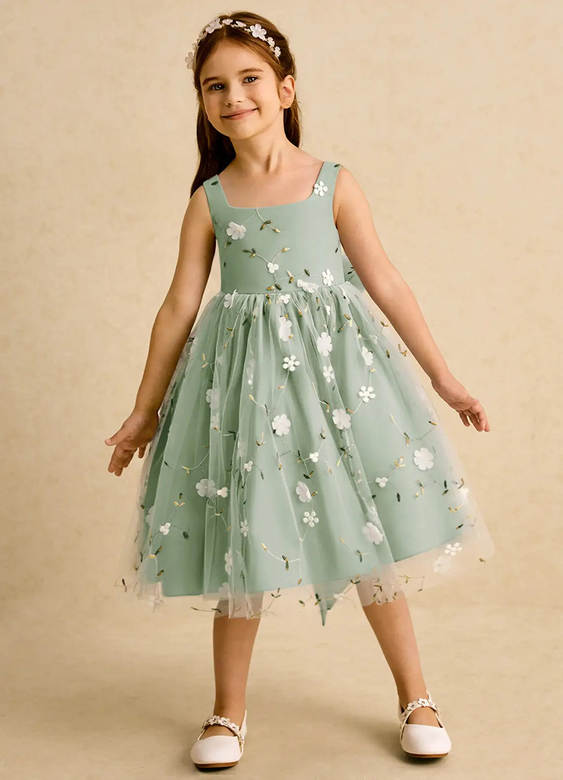 Floral A-Line Square Neck Sleeveless V-Back Knee-Length Formal Flower Girl Dress
