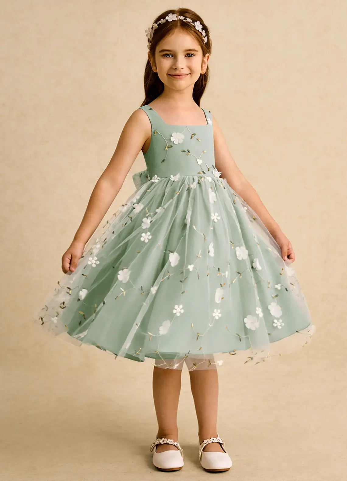 Floral A-Line Square Neck Sleeveless V-Back Knee-Length Formal Flower Girl Dress
