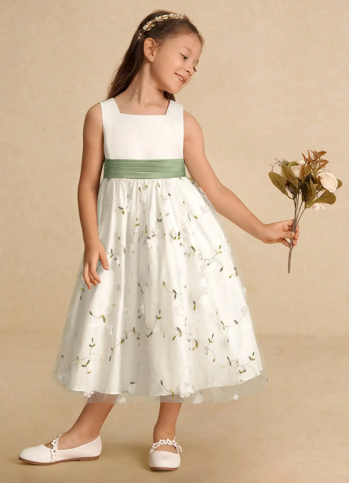 Floral A-Line Square Neck Sleeveless V-Back Midi-Length Formal Flower Girl Dress